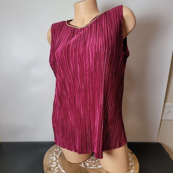 Roz & Ali Petite L Sleeveless Pleated Top With Chain Detail In Berry Pink - Picture 2 of 14